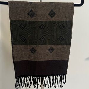 Brunelli-Geometric Pattern Woven Scarf in Olive, Taupe & Chocolate
